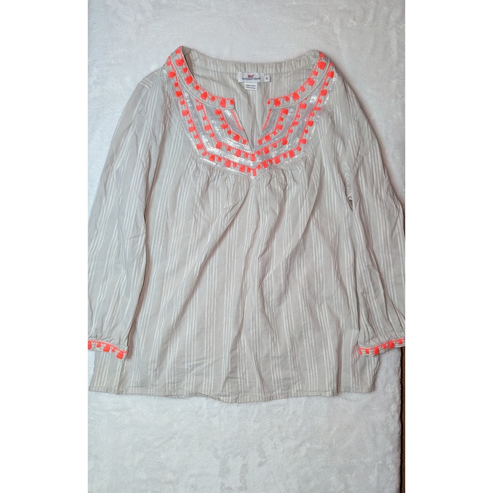 Vineyard Vines Womens XL Cotton Striped Tassel Sequin Tunic Beige Neon 2W0498‎